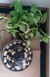 Indoor fountain with pebbles next to a houseplant.