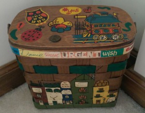 Wooden purse with stickers and 1969 penny.