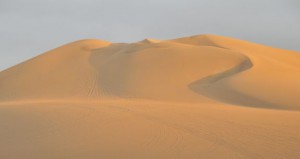 Desert photo of sand dunes and clear sky.