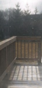 Sun shining on my deck while snow flurries are falling.