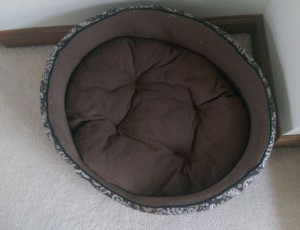 Brown oval bed for a small dog, on white carpet.