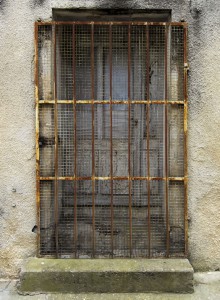 Scary-looking door set into crumbling concrete with rusty bars and a screen covering it.