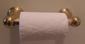 Roll of toilet paper on a shiny brass holder.