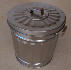 Miniature metal trash can on my kitchen counter.