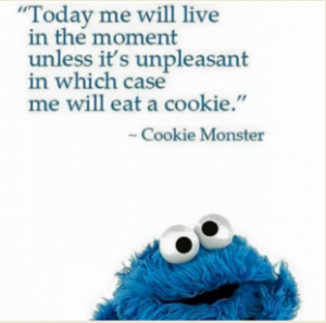 Cookie Monster saying "Today me will live in the moment unless it's unpleasant in which case me will eat a cookie."