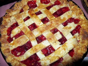 Cherry pie with lattice top crust.