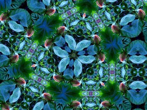 Floral kaleidoscope image, mainly in blue shades.