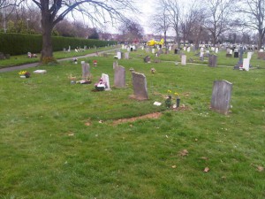 Graveyard with green grass and flowers around a fresh grave.