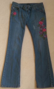 Blue jeans with embroidered flowers and leaves.