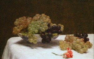 Painting of grapes, some overripe, on a table with a wilting carnation.