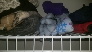 Hats, gloves, and scarves on a closet shelf