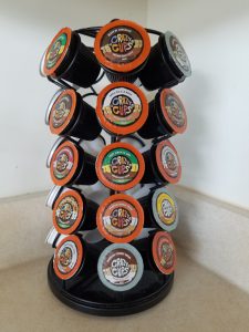 K-cup carousel with assorted "Crazy Cups" decaf.