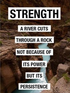 Word-art captioned "Strength" that says "A river cuts through a rock not because of its power but its persistence."