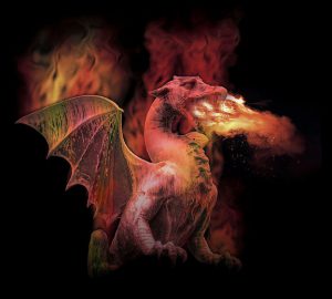 Dragon breathing fire in a night sky.