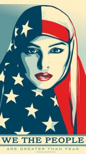 Word-art of a woman with an American flag covering her head that says "We the People are greater than fear."