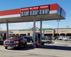 Gas station in front of a Kroger supermarket.