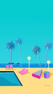 Cartoon image of a pool with lounge chairs at the beach.