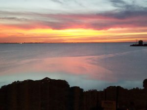 View of Tampa Bay at sunset from Grand Hyatt hotel window.