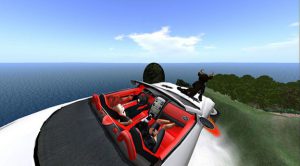 Flying car with ocean in background.