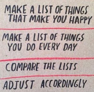 Word-art that says "Make a list of things that make you happy. Make a list of things you do every day. Compare the lists. Adjust accordingly."