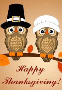 Word-art that says "Happy Thanksgiving!" with owls dressed as Pilgrims.