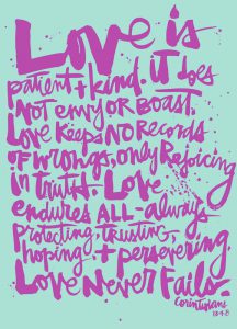 Word-art with the "Love is patient..." verses from 1 Corinthians 13:4-8