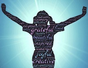 Word-art that says "grateful," "joyful," and other positive words over the shape of a woman.