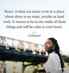 Word-art that says "Peace. It does not mean to be in a place where there is no noise, trouble or hard work. It means to be in the midst of these things and still be calm in your heart."