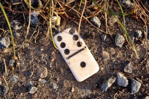 Domino in sand with pebbles.