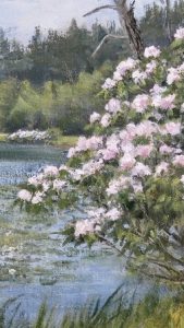 Painting of spring blossoms on an overcast day with a lake in the background.