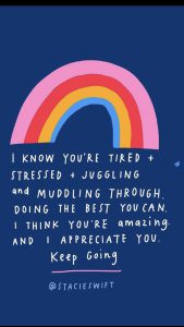 Word-art that says "I know you're tired + stressed + juggling and muddling through. Doing the best you can. I think you're amazing and I appreciate you. Keep going." -Stacie Swift