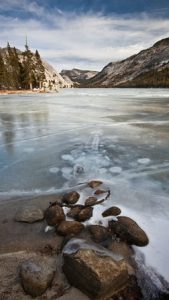 frozen lake and rocks