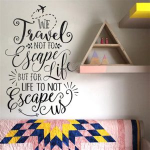 Word-art that says "We travel not to escape life but for life to not escape us."