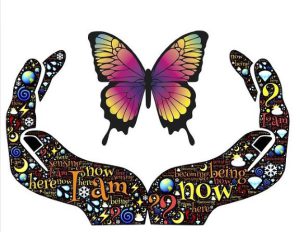 Word-art of open hands and a butterfly, with words like "now" and "being."