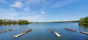 Photo of starting line at rowing regatta.