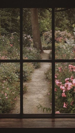 Photo of garden path through a window.