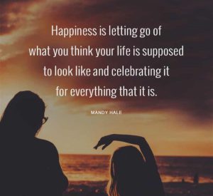 Word-art that says, "Happiness is letting go of what you think your life is supposed to look like and celebrating it for everything that it is." -Mandy Hale