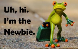 Word-art of a frog with a suitcase that says, "Uh, hi. I'm the Newbie."