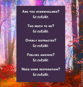 Word-art that says, "Are you overwhelmed? Go outside. Too much to do? Go outside. Overly distracted? Go outside. Feeling anxious? Go outside. Need some restoration? Go outside."