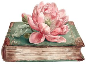 Image of an old book with a pink flower on top.