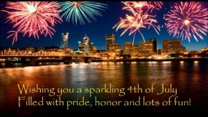 Word-art with fireworks that says, "Wishing you a sparkling 4th of July filled with pride, honor and lots of fun!"