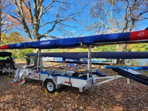 Photo of a small boat trailer in Boston next to the Charles River.