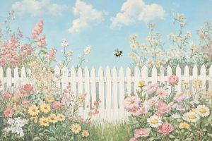 Summer flowers, a bee, and a white picket fence.