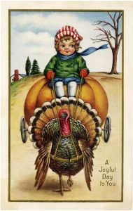 Word-art with a turkey pulling a child's wagon that says, "A Joyful Day to You."