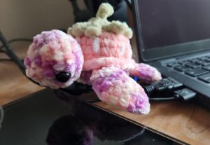 Photo of a crocheted pink turtle on my desk.