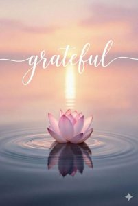 Word-art with a lotus image that says, "Grateful."