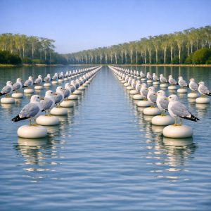 Image of gulls perched on white buoys of a rowing sprint course.