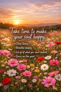 Word-art that says, "Take time to make your soul happy. Slow down. Breathe deeply. Let go of what you can't control. Focus on the good."