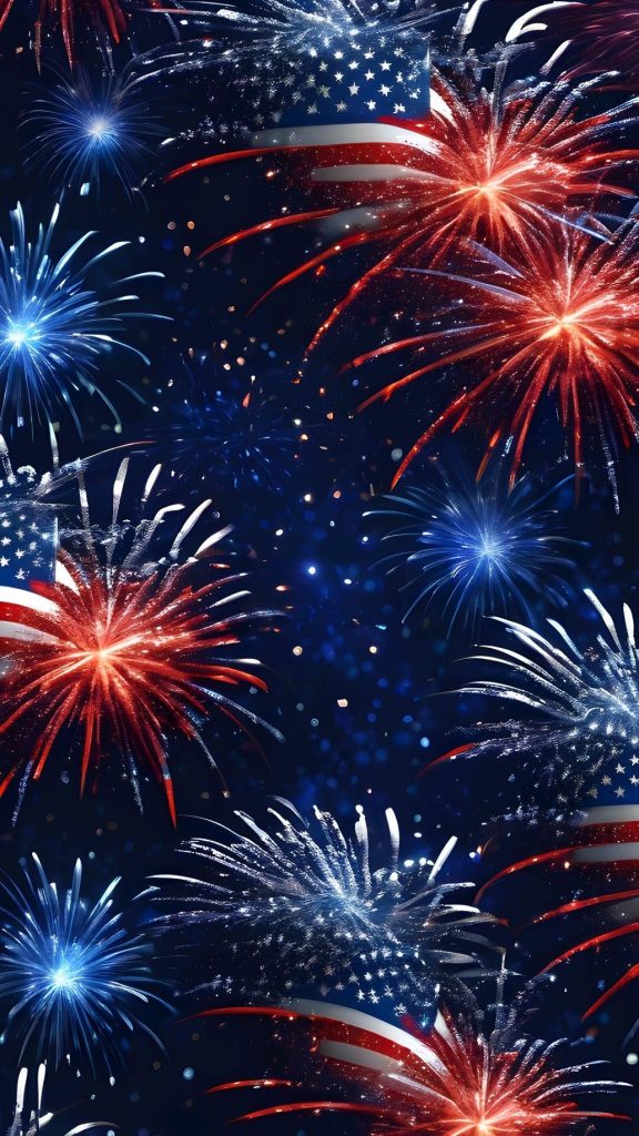 Image of fireworks and American flags.