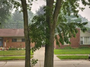 Photo of smoky air outside the front window of a house in Michigan.